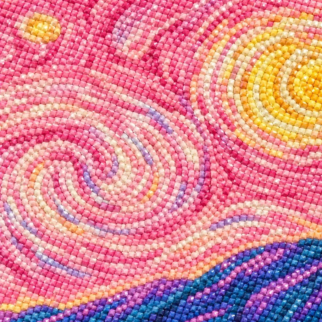 close-up of diamonds in a pink starry sky village — detail image, diamond painting kit