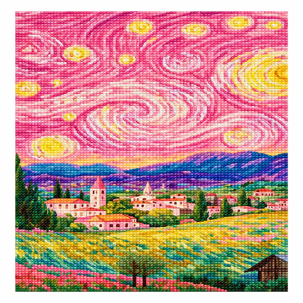 Pink Starry Sky Village — finished image, diamond painting kit