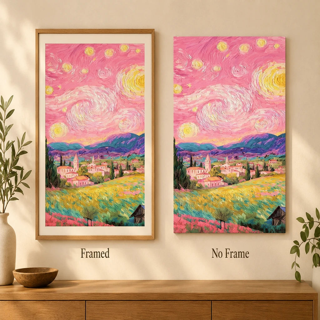 framed and no-frame options for a pink starry sky village — frame comparison image, diamond painting kit