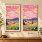 framed and no-frame options for a pink starry sky village — frame comparison image, diamond painting kit