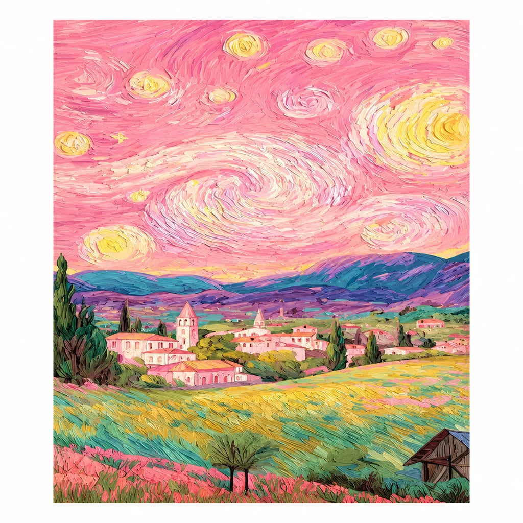 Pink Starry Sky Village — original image, diamond painting kit