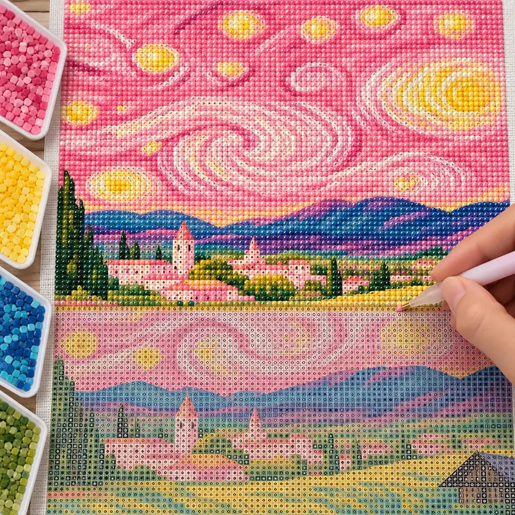 a hand placing diamonds on a pink starry sky village — process image, diamond painting kit