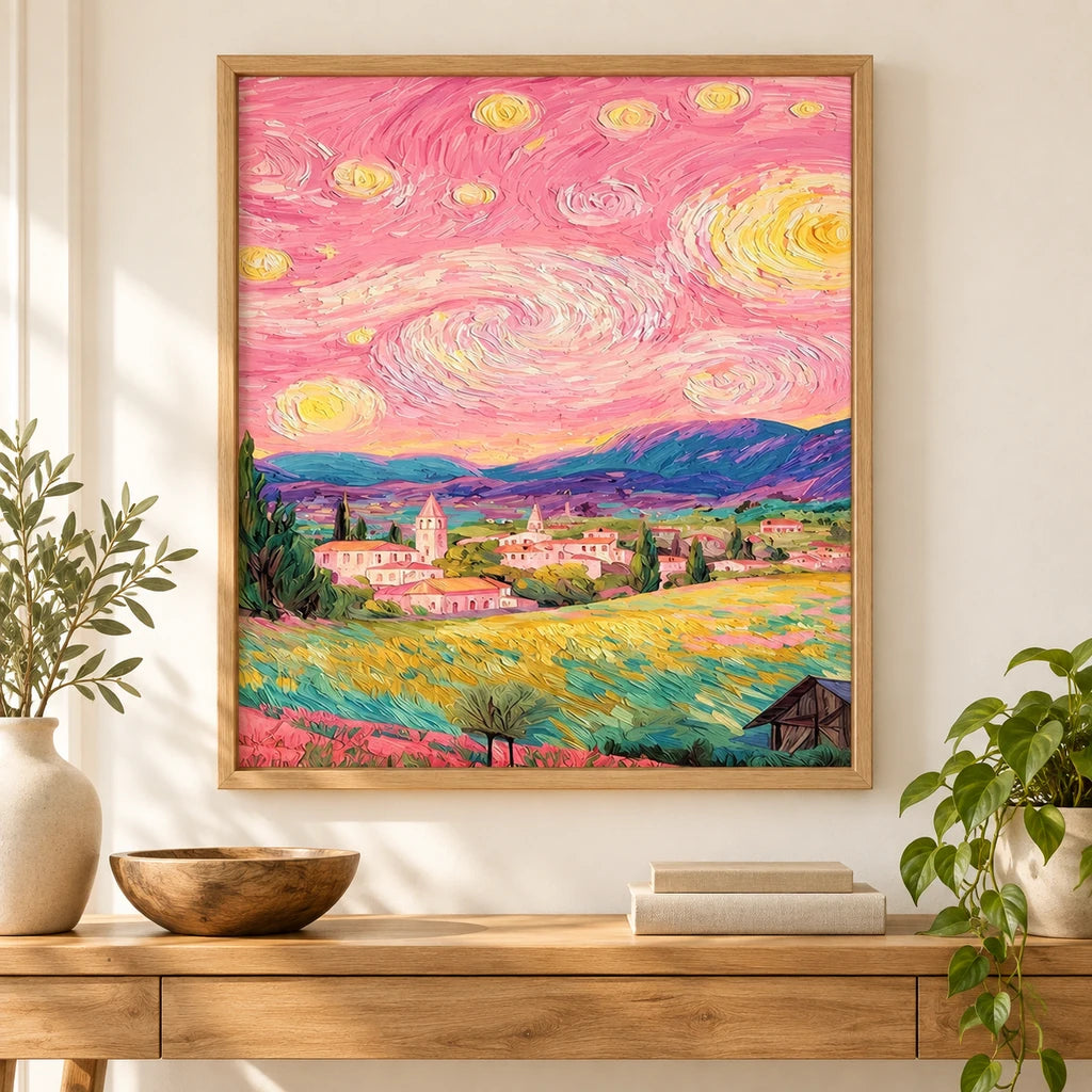 pink starry sky village diamond painting displayed in a home — scene image, diamond painting kit