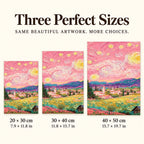 20 × 30 cm, 30 × 40 cm and 40 × 50 cm size options for a pink starry sky village — sizes image, diamond painting kit