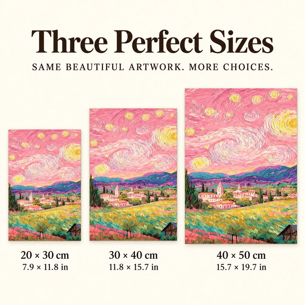 20 × 30 cm, 30 × 40 cm and 40 × 50 cm size options for a pink starry sky village — sizes image, diamond painting kit