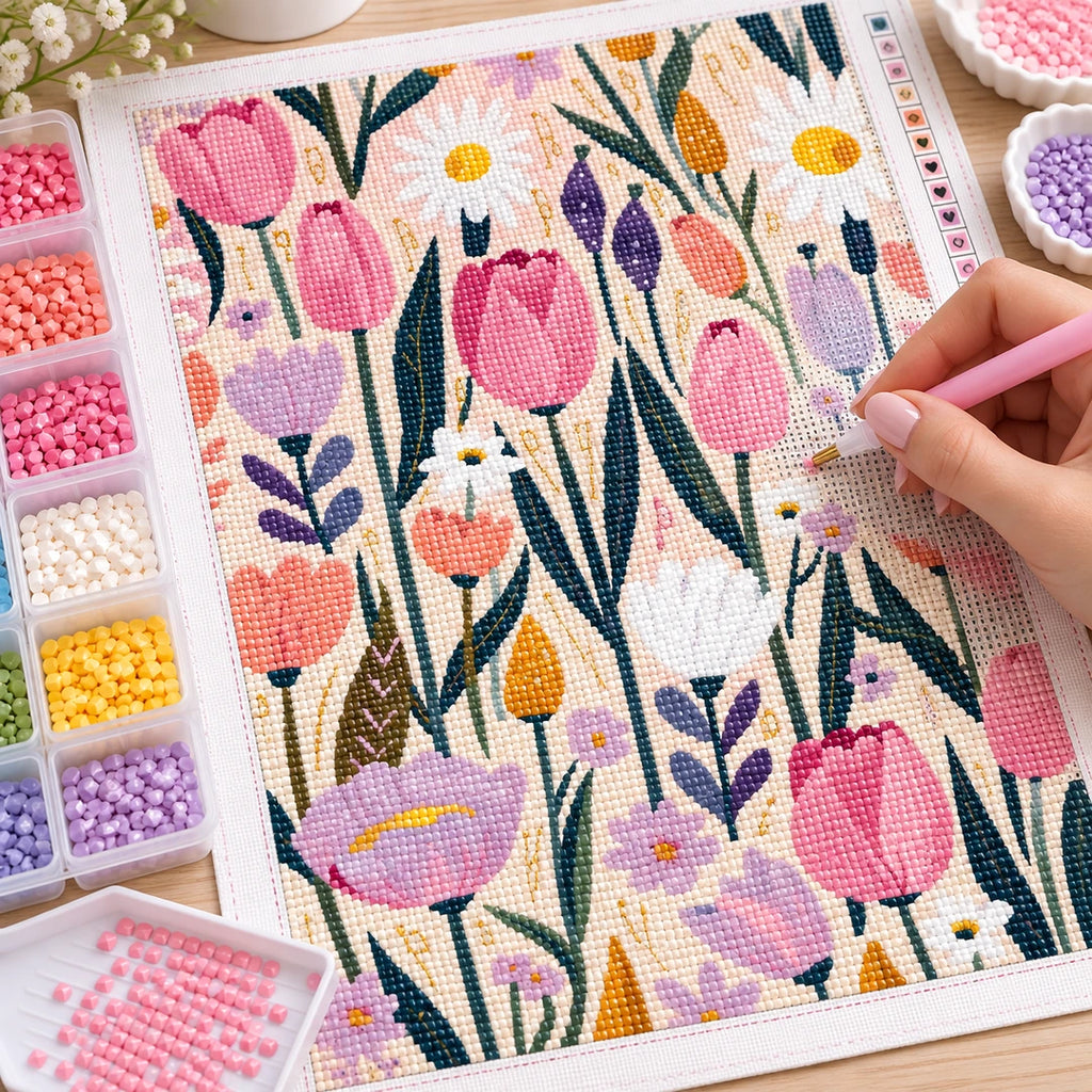 Pink Tulip Meadow Diamond Painting Kit finished white-background