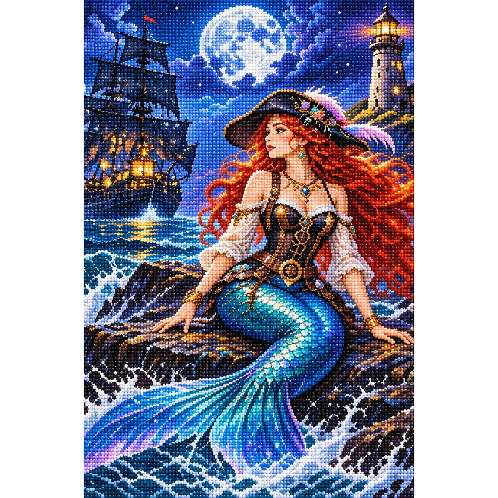 Pirate Mermaid Ghost Lighthouse finished diamond painting on white