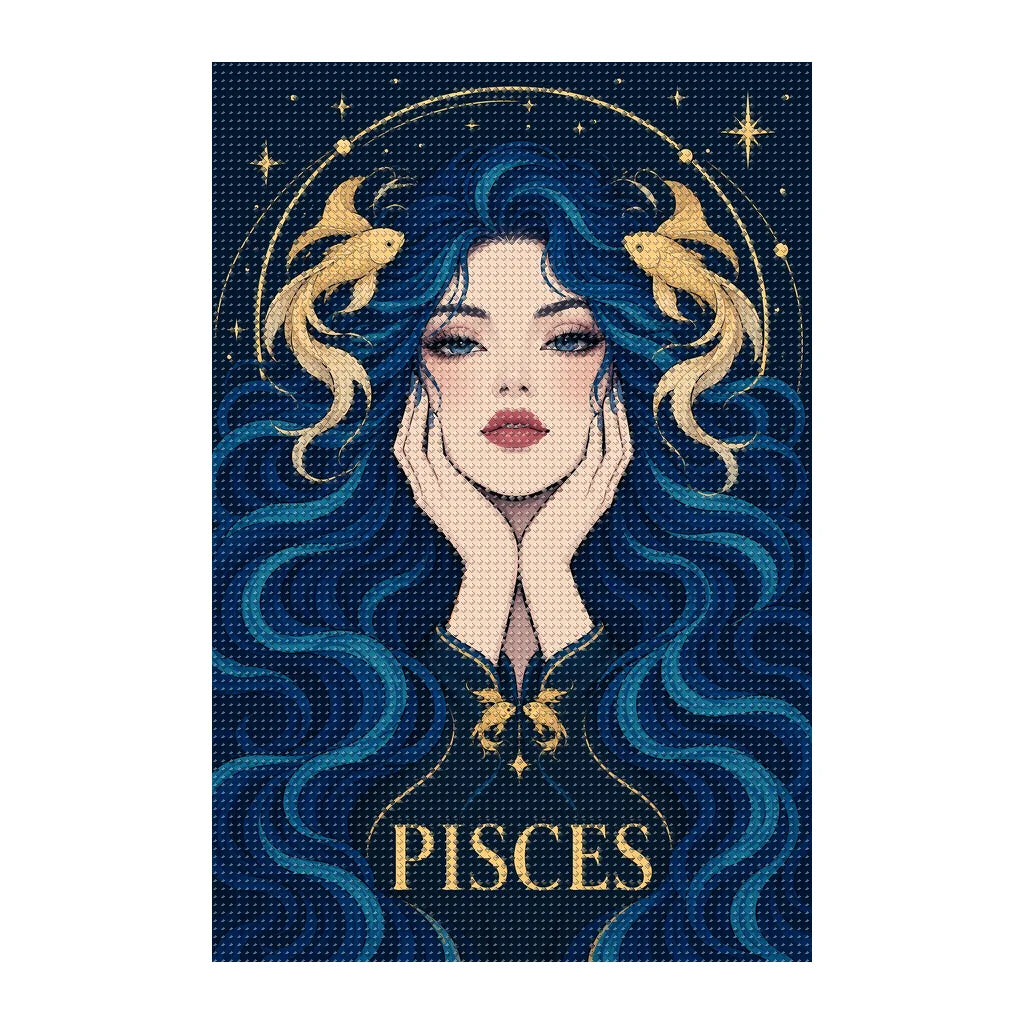 Finished white-background diamond painting of Pisces Twin Fish Dream