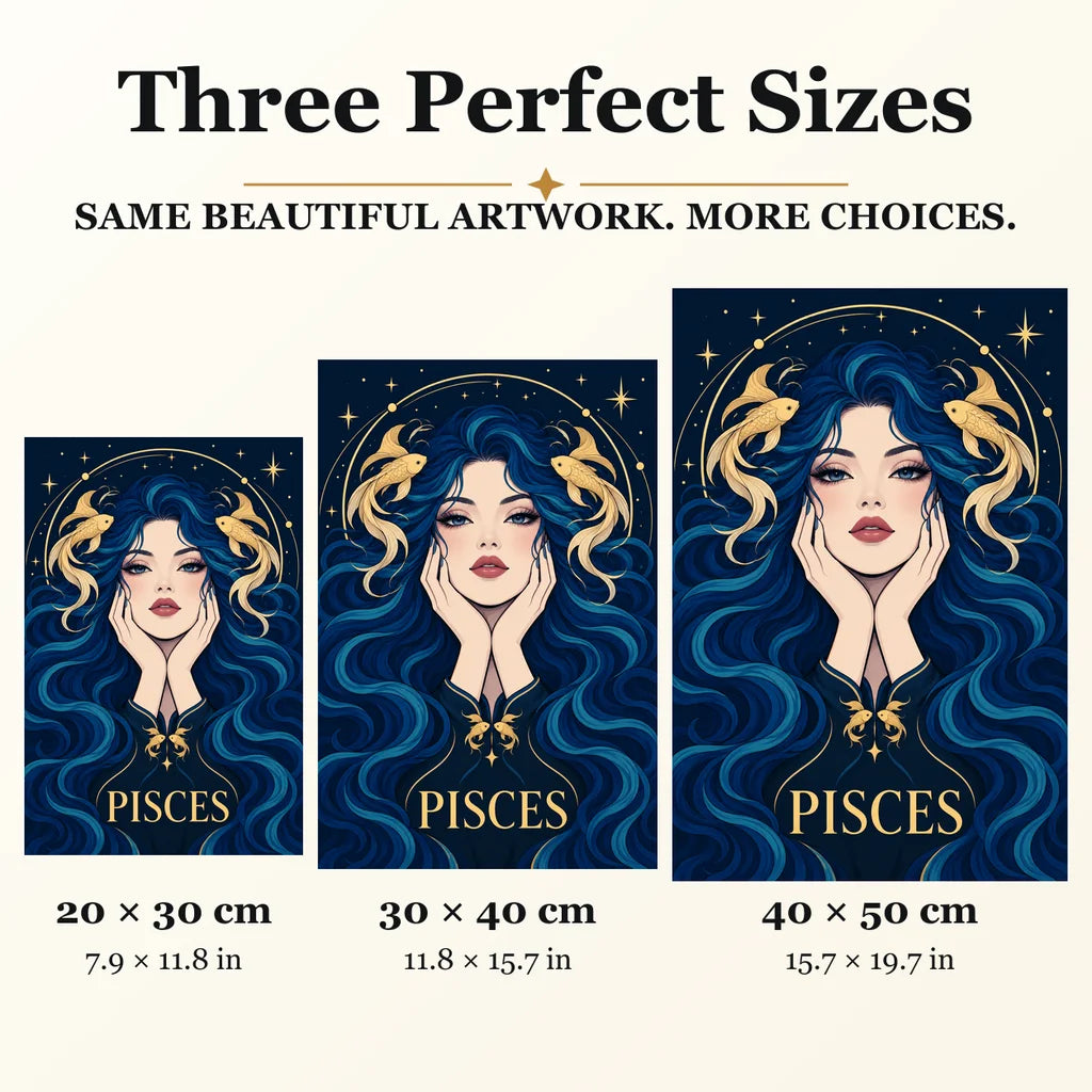 Pisces Twin Fish Dream diamond painting in 20 by 30, 30 by 40, and 40 by 50 centimeter sizes