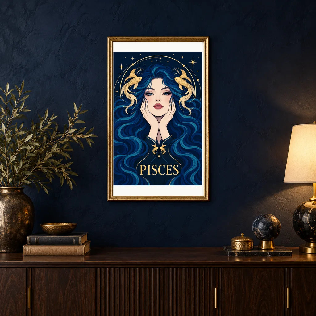 Framed Pisces Twin Fish Dream diamond painting displayed in a home interior