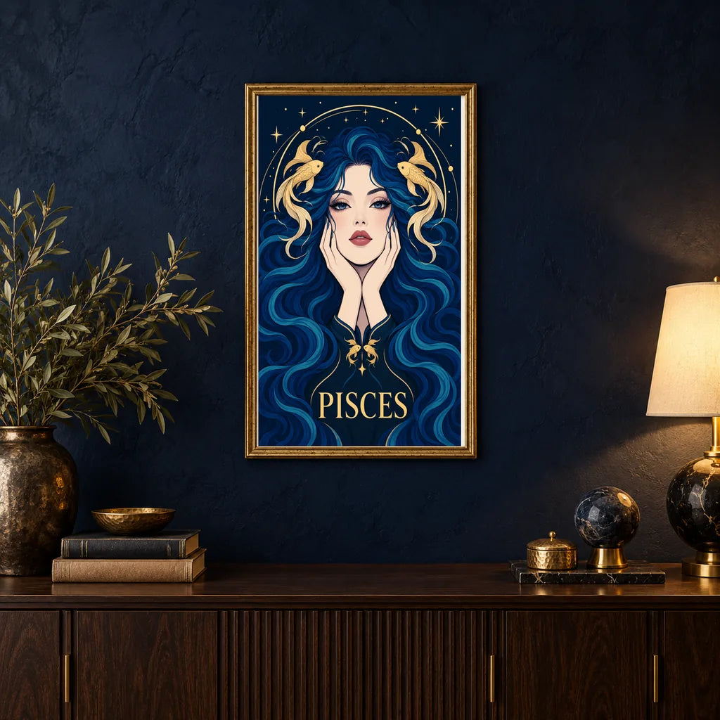 Framed Pisces Twin Fish Dream diamond painting displayed in a home interior