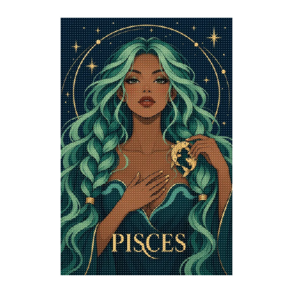 Finished white-background diamond painting of Pisces Seafoam Current