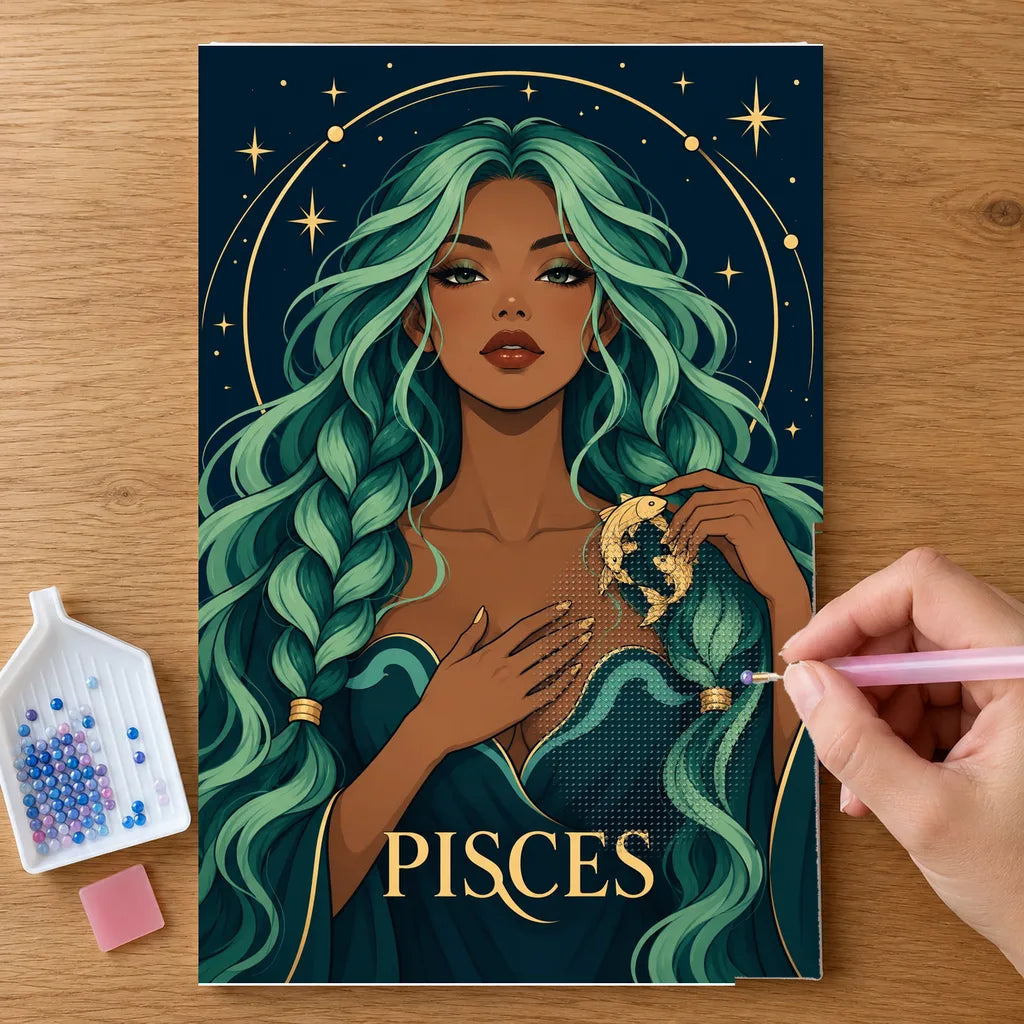 Hands placing drills on the Pisces Seafoam Current diamond painting canvas