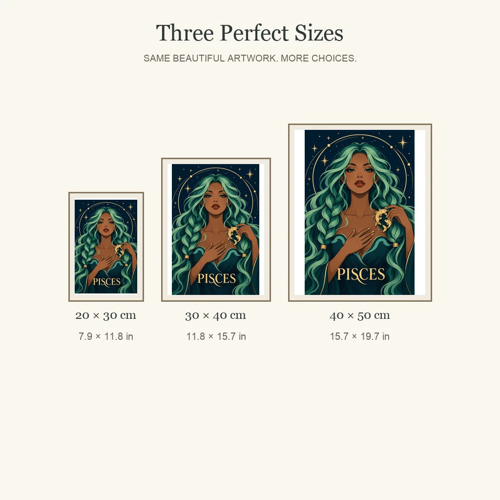 Pisces Seafoam Current diamond painting in 20 by 30, 30 by 40, and 40 by 50 centimeter sizes