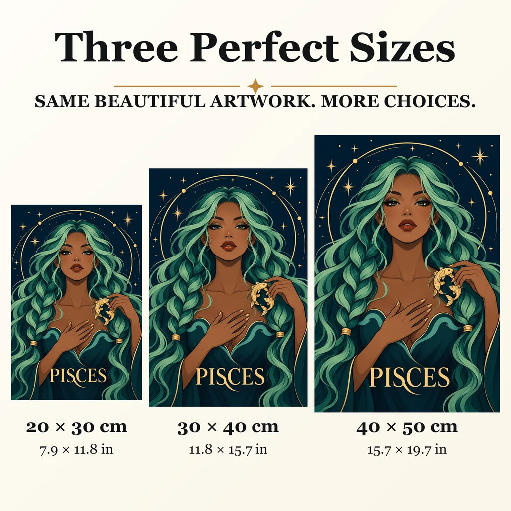 Pisces Seafoam Current diamond painting in 20 by 30, 30 by 40, and 40 by 50 centimeter sizes