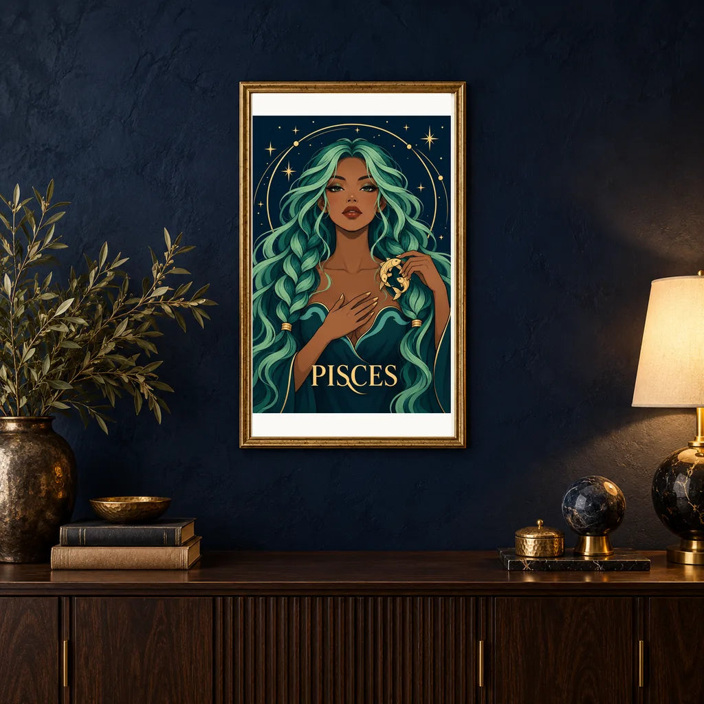 Framed Pisces Seafoam Current diamond painting displayed in a home interior
