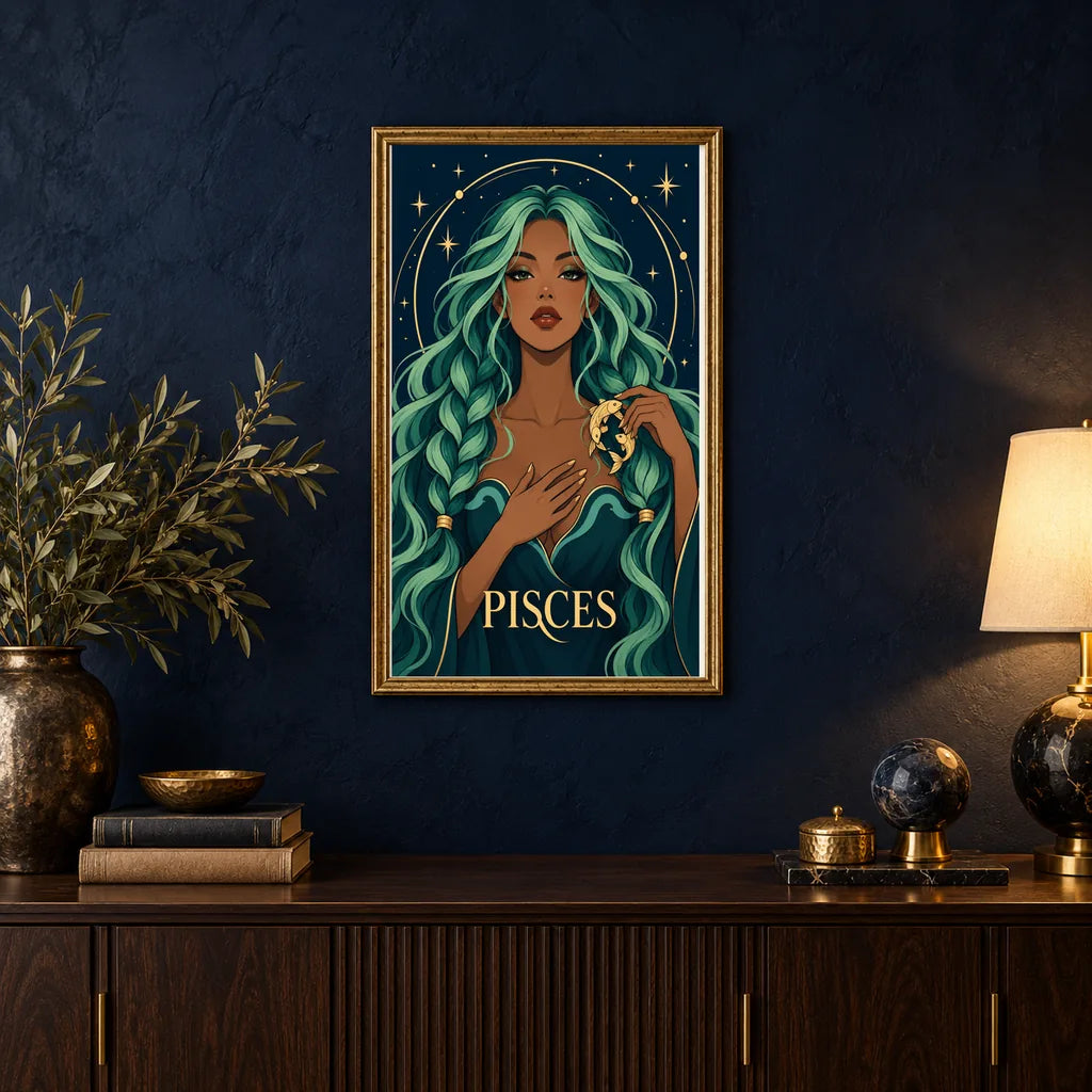 Framed Pisces Seafoam Current diamond painting displayed in a home interior