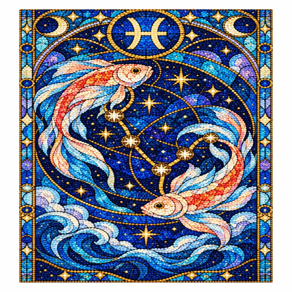 Finished Pisces stained glass twin fish diamond painting with sparkling drills on a white background