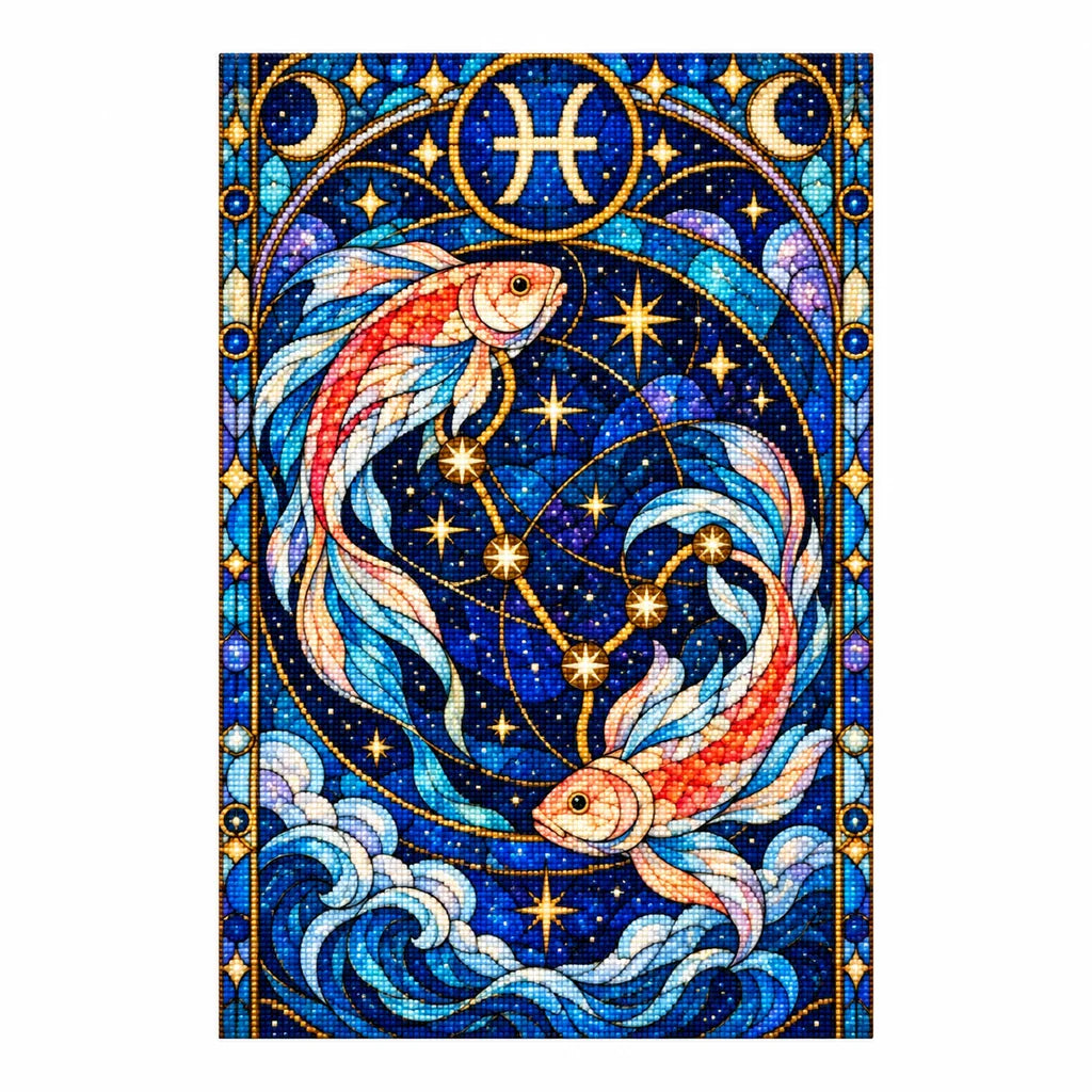 Finished Pisces stained glass twin fish diamond painting with sparkling drills on a white background