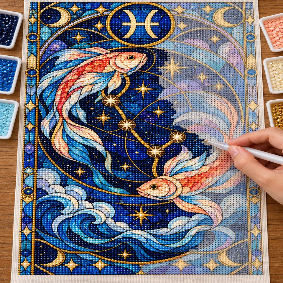 Hands creating the Pisces stained glass twin fish diamond painting with round and square drills