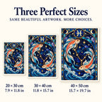 Pisces stained glass diamond painting size guide showing 20 by 30, 30 by 40, and 40 by 50 centimeters
