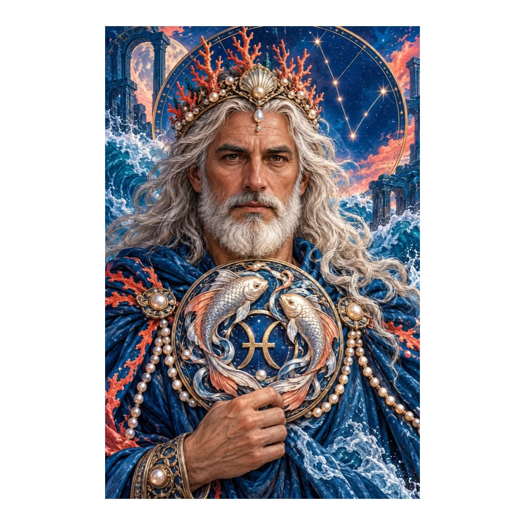 Original white-background artwork — ocean guardian and twin fish