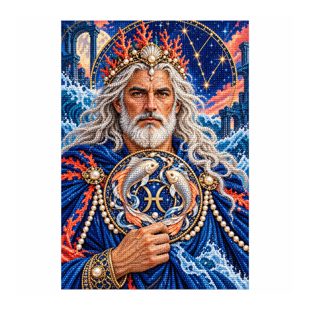 Finished white-background diamond painting — ocean guardian and twin fish