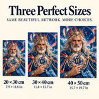 Size guide showing 20 × 30, 30 × 40, and 40 × 50 cm — ocean guardian and twin fish