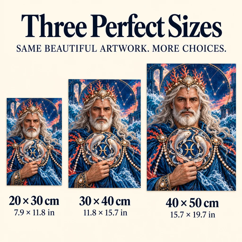 Size guide showing 20 × 30, 30 × 40, and 40 × 50 cm — ocean guardian and twin fish