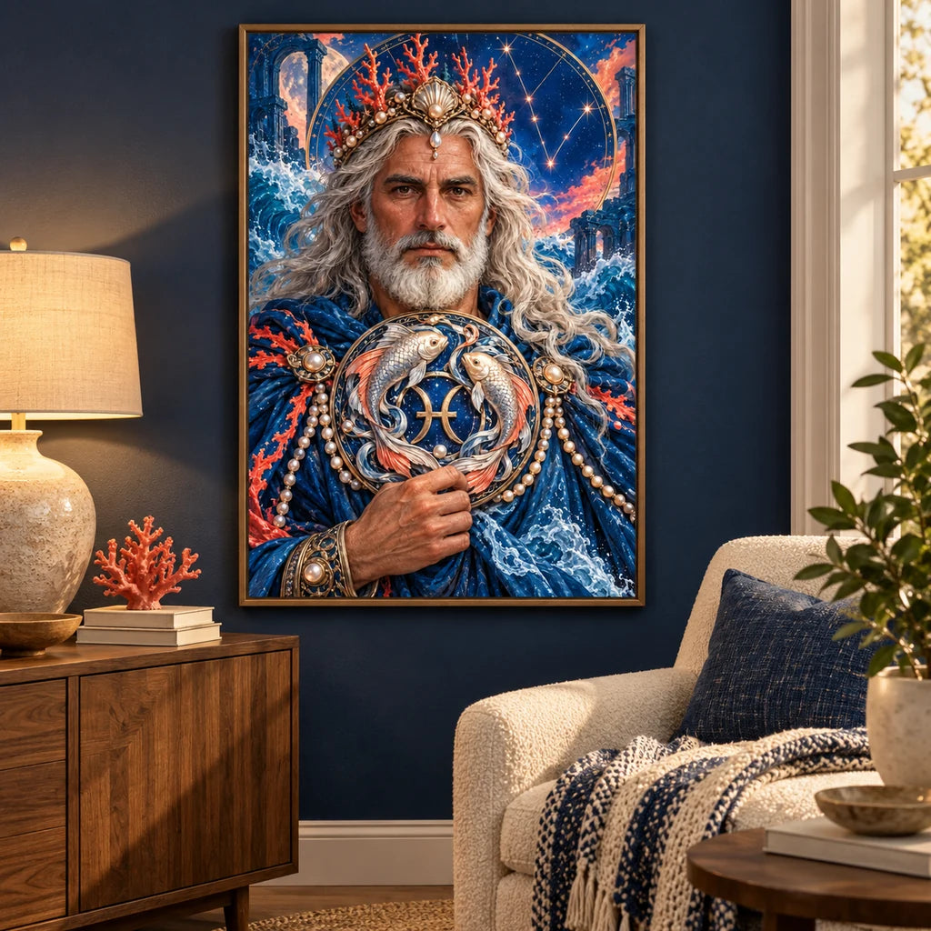 Framed artwork displayed in a home interior — ocean guardian and twin fish