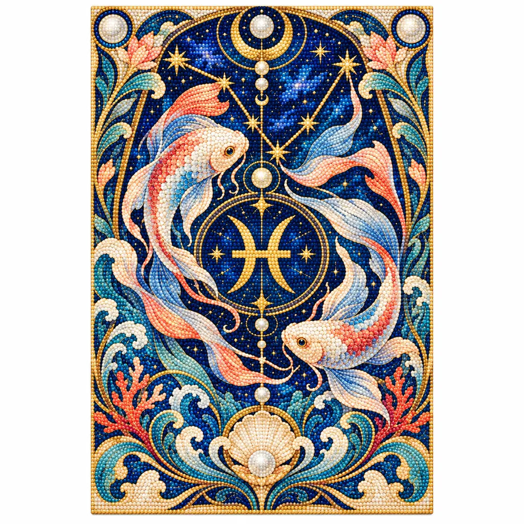 Finished white-background diamond painting of Pisces Twin Koi Nouveau