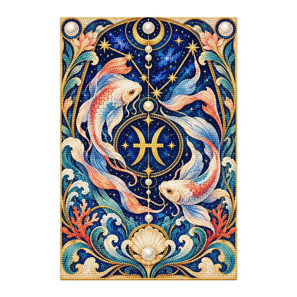 Finished white-background diamond painting of Pisces Twin Koi Nouveau
