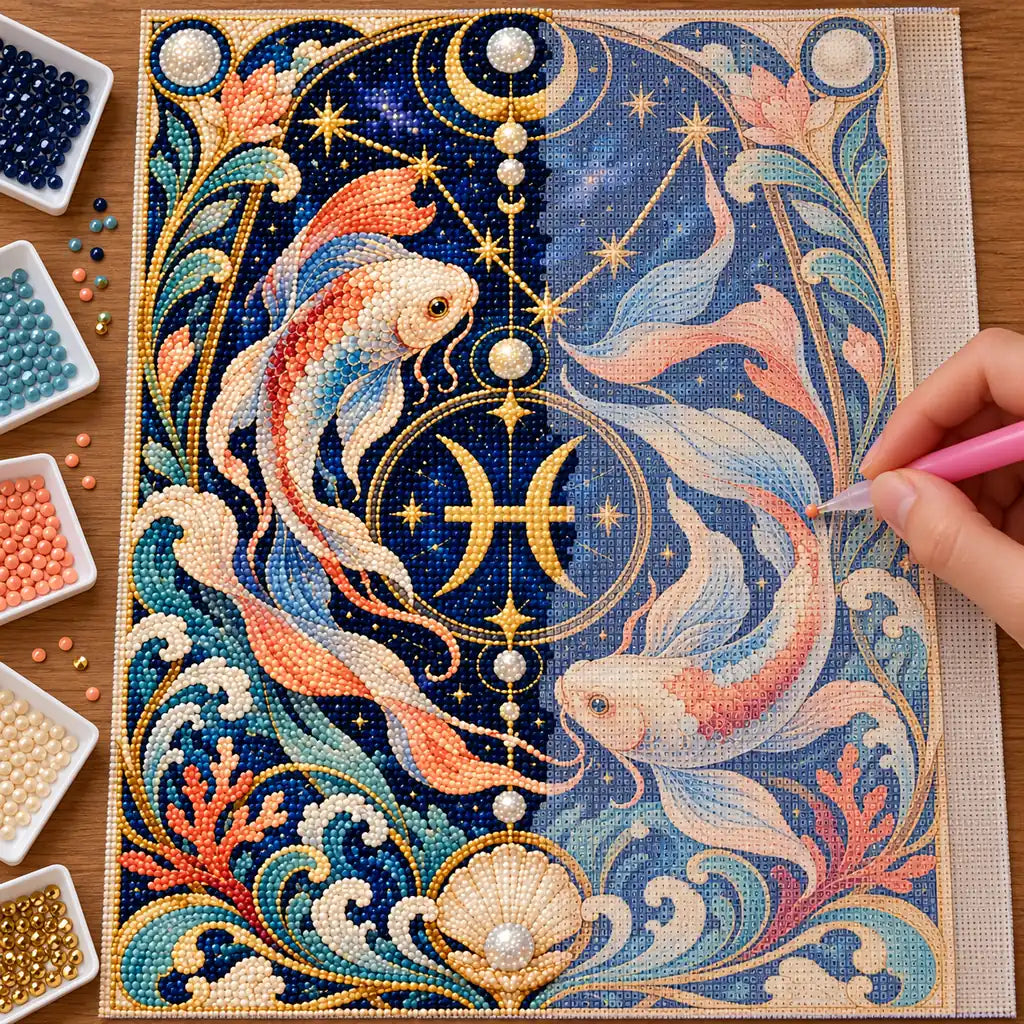 DIY process applying drills to the Pisces Twin Koi Nouveau diamond painting canvas