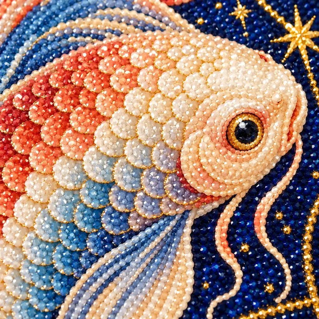 Close-up diamond drill detail of the Pisces Twin Koi Nouveau artwork