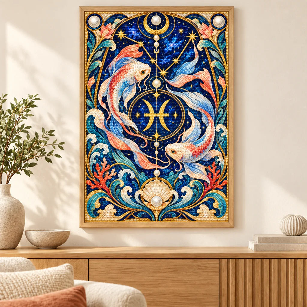 Framed Pisces Twin Koi Nouveau diamond painting displayed in a home interior