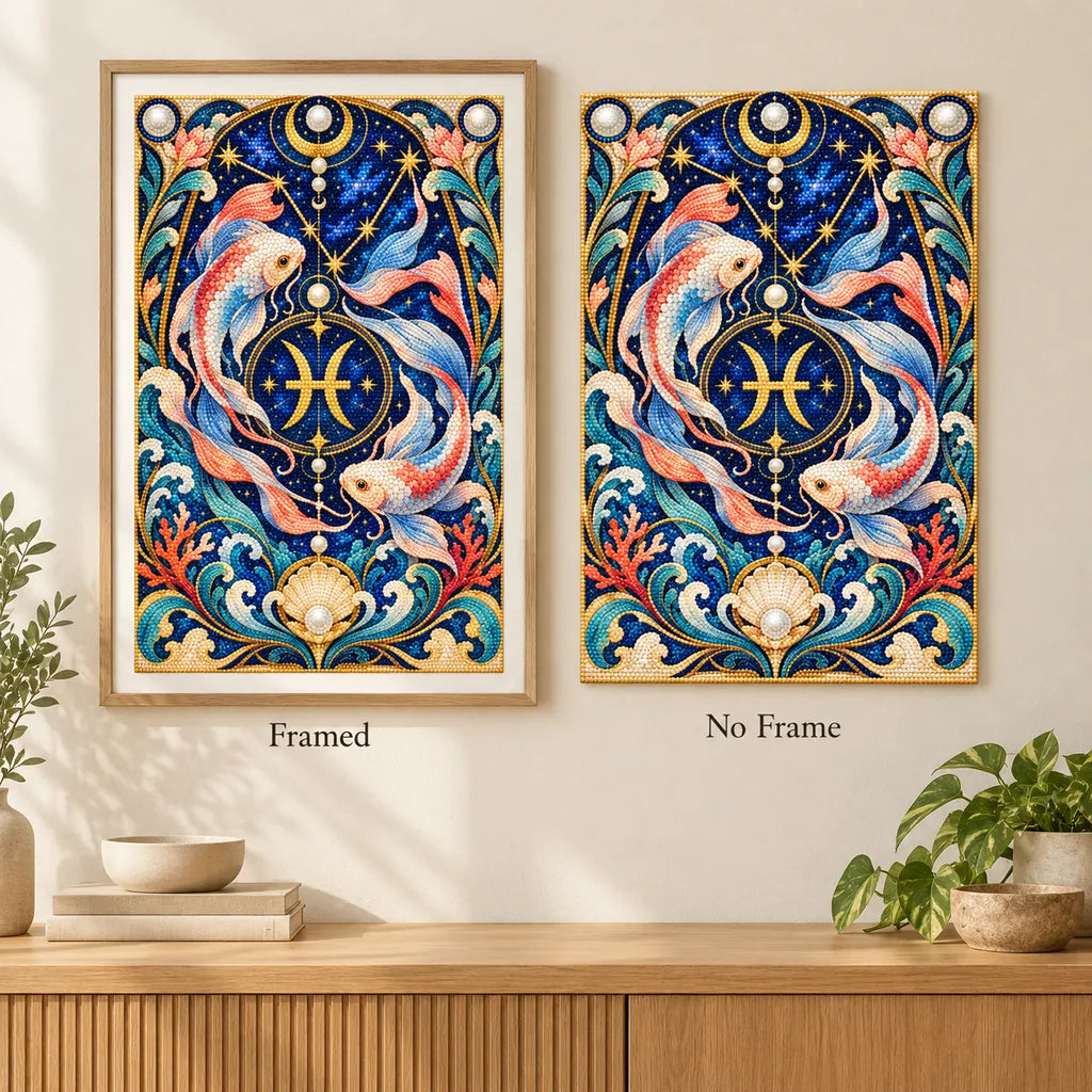 Framed and no-frame comparison for the Pisces Twin Koi Nouveau diamond painting