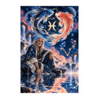 Pisces oracle seated beneath two koi and a starry zodiac symbol, original design