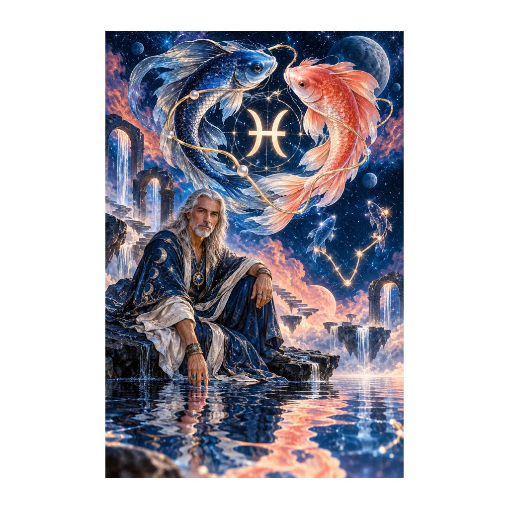 Pisces oracle seated beneath two koi and a starry zodiac symbol, original design