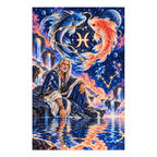 Pisces twin fish oracle diamond painting with blue and coral drills on a white background