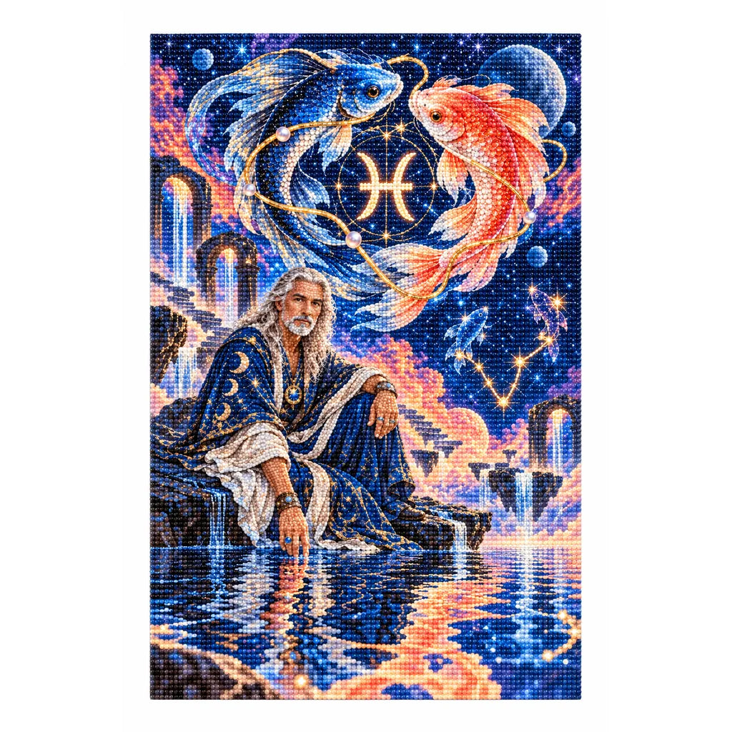 Pisces twin fish oracle diamond painting with blue and coral drills on a white background
