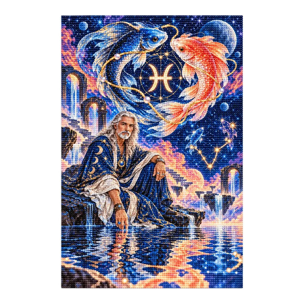 Pisces twin fish oracle diamond painting with blue and coral drills on a white background