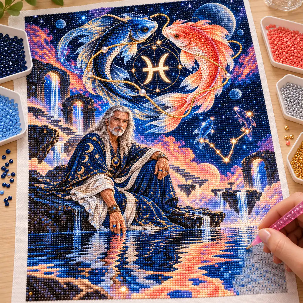 Hand applying drills to the Pisces twin fish oracle diamond painting