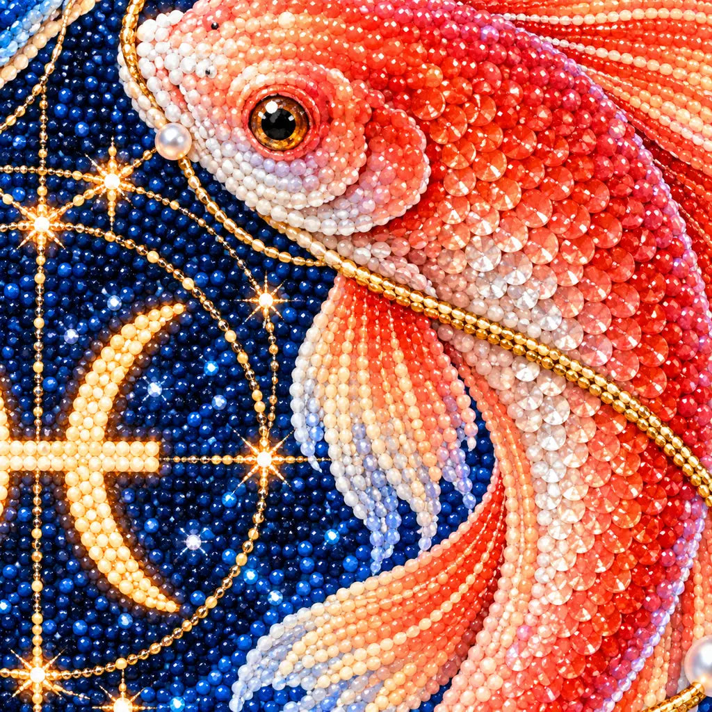 Close-up of coral koi fish and blue zodiac diamond drills