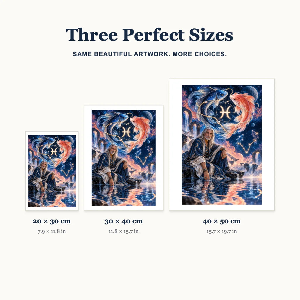 Pisces oracle diamond painting size guide showing 20 × 30, 30 × 40, and 40 × 50 cm