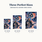 Pisces oracle diamond painting size guide showing 20 × 30, 30 × 40, and 40 × 50 cm