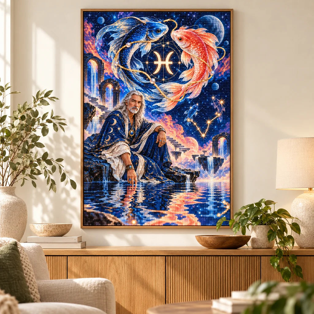 Framed Pisces twin fish oracle diamond painting displayed in a living room