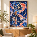 Framed Pisces twin fish oracle diamond painting displayed in a living room