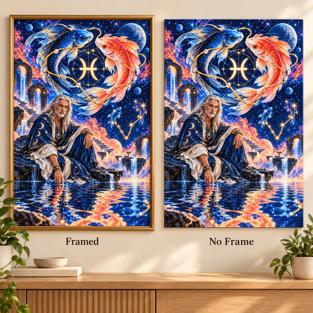 Framed and no-frame Pisces twin fish oracle diamond painting comparison