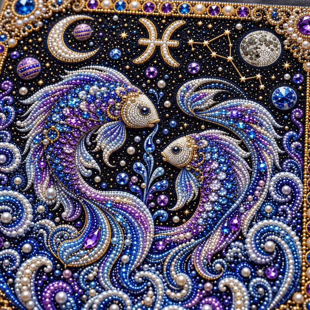 Close-up of glossy pearls and printed canvas in the pisces design