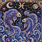 Close-up of glossy pearls and printed canvas in the pisces design